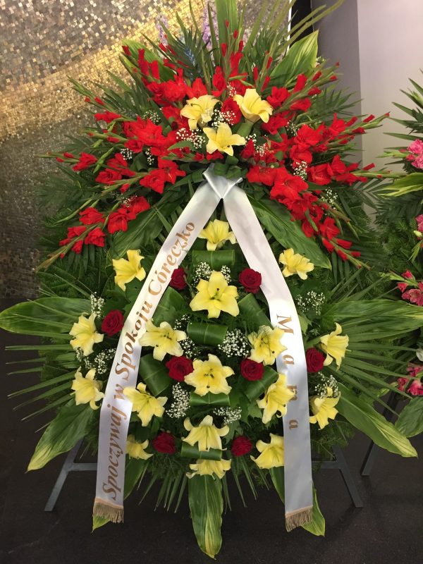Wieniec Pogrzebowy z róż Duży - Lilia Cytrynowa, Róża czerwona, Gladiolus Czerwony wiązanka na pogrzeb