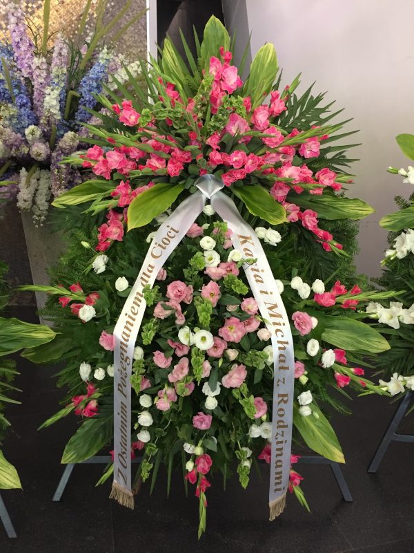 Wieniec Pogrzebowy Duży - Eustoma Biała i Blado-Różowa, Gladiolus Różowy kwiaty pogrzebowe